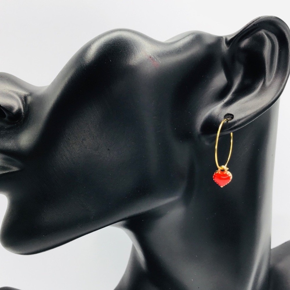 NEW Valentine’s Earrings Hoop Dainty Boho Red Heart Charm Gold Plated